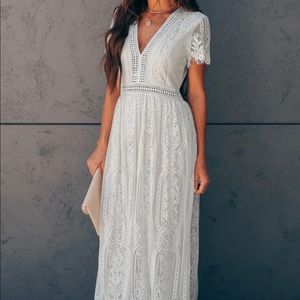 White V neck short sleeve lace maxi dress